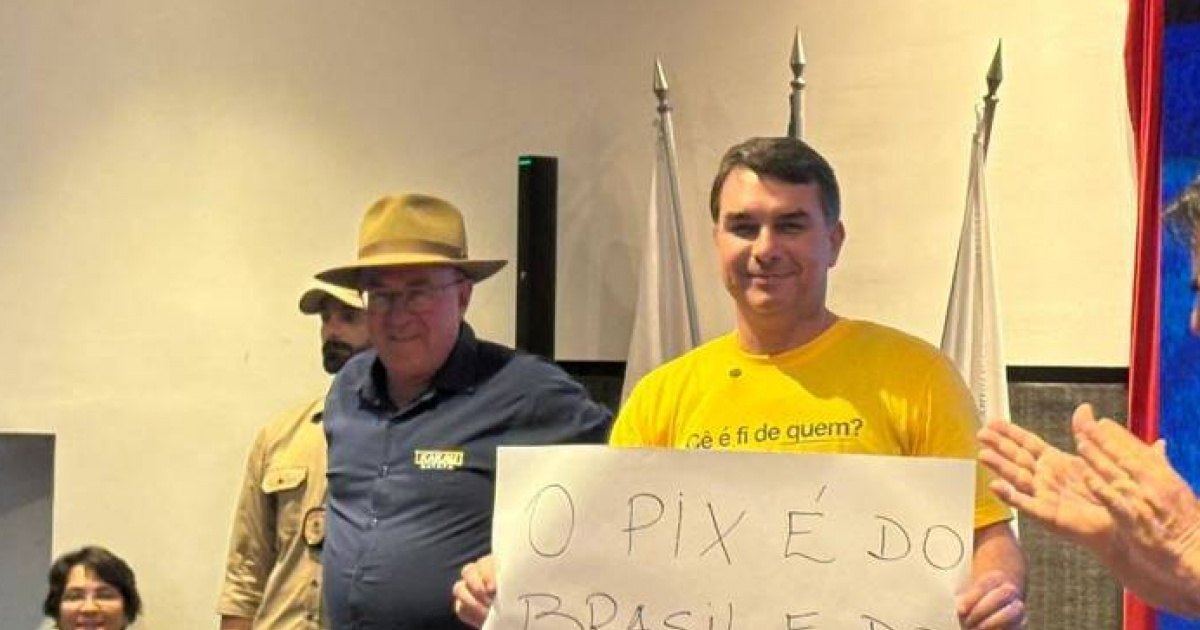 Flávio exibe cartaz em resposta a Lula: 'o Pix é do Brasil e do Bolsonaro'